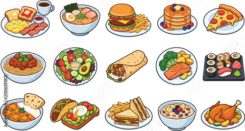 Food dish collection with breakfast lunch dinner meals including burger pizza sushi salad pasta and healthy cuisine vector illustration set