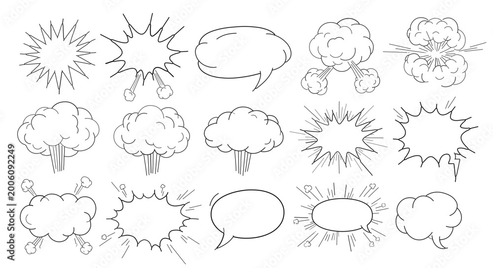 Obraz premium Vector Set of Comic Speech Bubbles, Thought Clouds, and Burst Impact Effects for Graphic Design