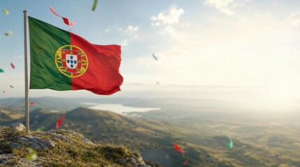Portuguese flag on mountain peak with confetti and scenic background
