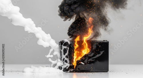 Intense white foam sprays onto a damaged lithium battery pack emitting thick black smoke and bright sparks during an emergency safety drill, energy, smoke, safety