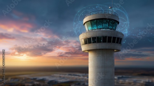 Modern airport control tower at sunset with technological overlay depicting communication and monitoring systems for air traffic management and safety