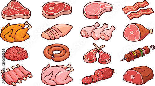 Foto Raw meat collection with beef steak chicken bacon sausage ham and barbecue cuts