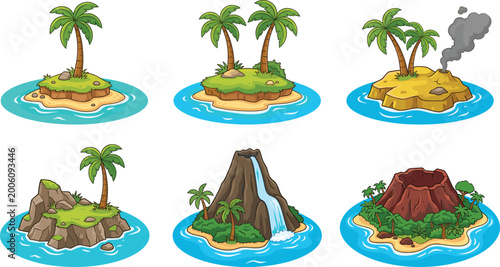 Tropical island vector set with palm trees, volcano, waterfall and ocean scenes, cartoon landscape collection for game design, travel and summer illustration