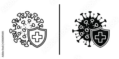 Tableau sur toile Virus protection shield icon set, immune system defense line and solid vector ic