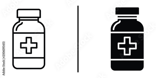 Tableau sur toile Medicine bottle icon set, medical pills container line and solid vector icons, p