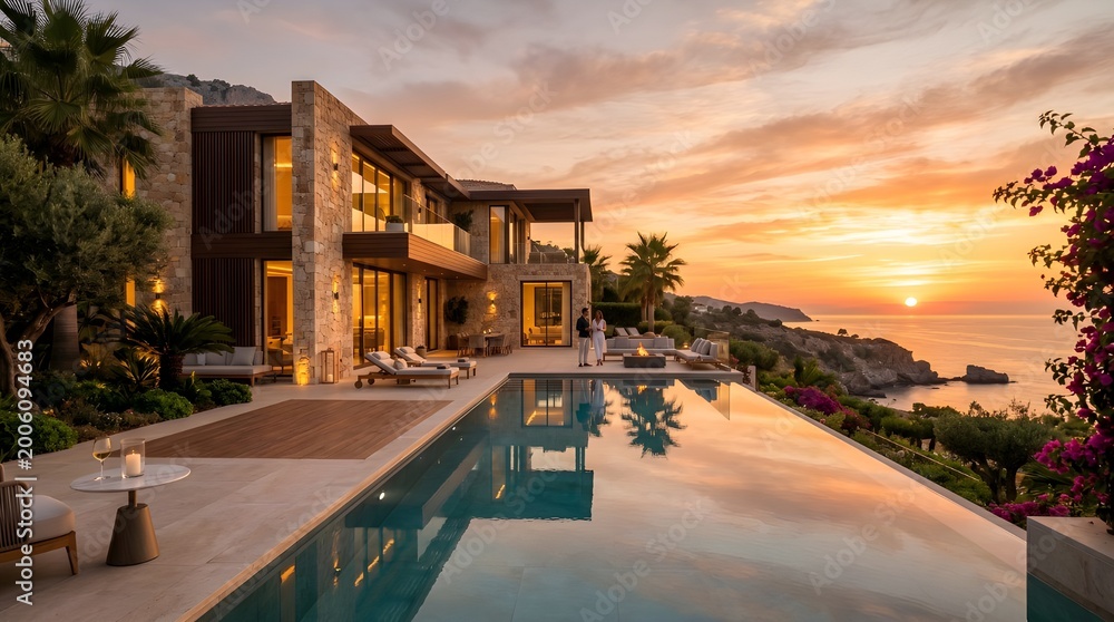 Fototapeta premium Luxury villa with pool overlooks serene ocean at sunset on cliffside