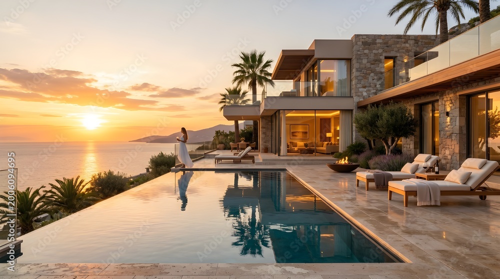 Fototapeta premium Woman standing by infinity pool at modern beach house during sunset