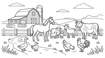 Keuken achterwand Boerderij Kleurrijke boerderijdieren met schuur kinderillustratie  © SABIKUNNAHAR