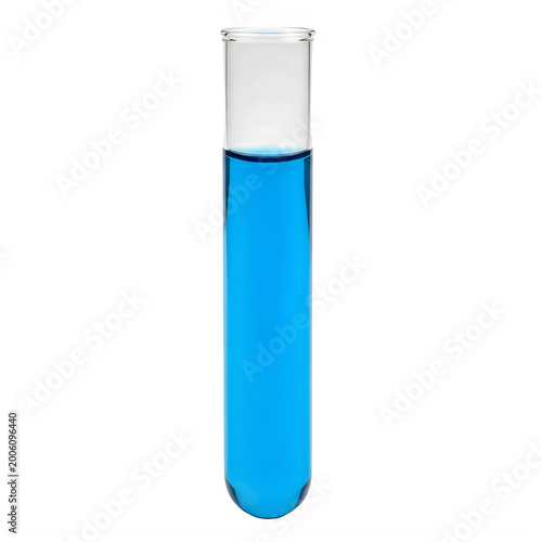 Glass test tube filled with bright blue liquid solution transparent background