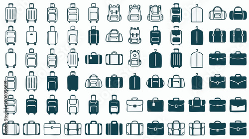 Fényképezés Travel and Business Bags Icons Set: Luggage, Backpacks, Duffel, Briefcases