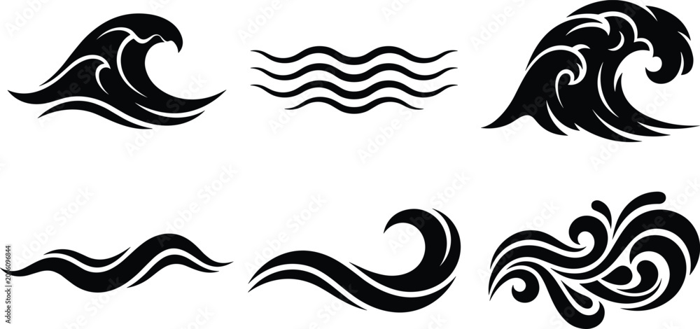Fototapeta premium Ocean wave silhouette icons set featuring sea waves water flow and decorative swirl elements in minimal black style