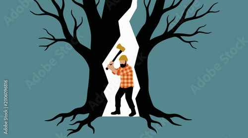 Billede på lærred Man splitting tree with axe, concept of self-destruction or environmental harm