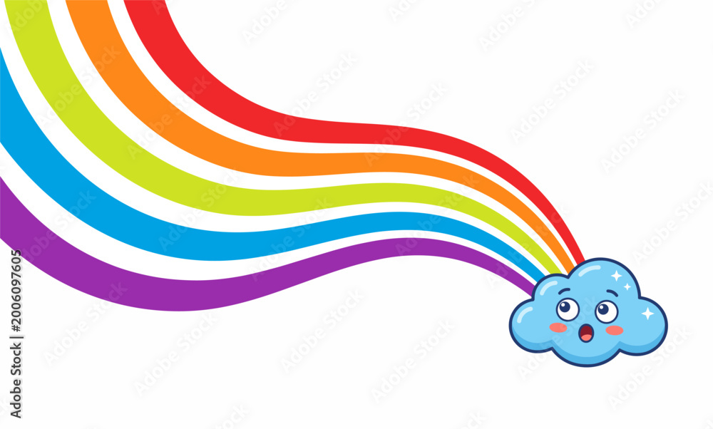 Naklejka premium A cute cartoon blue cloud with a surprised expression emitting a colorful rainbow on a white background.