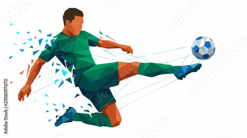 Фотография Abstract polygonal illustration of a soccer player kicking a ball dynamically