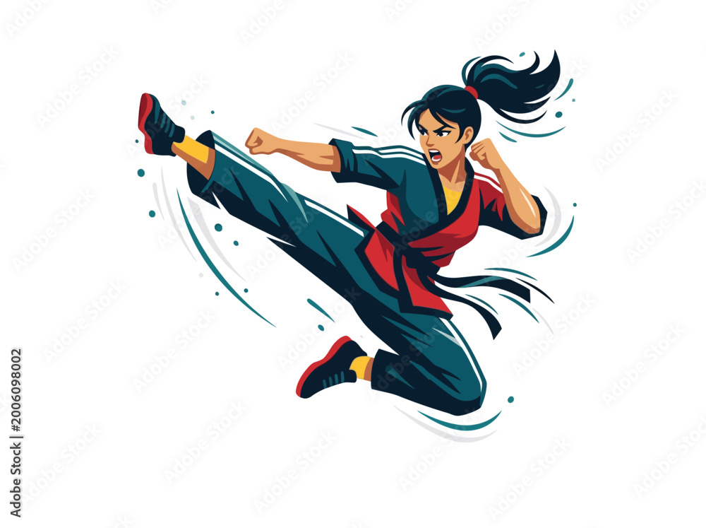 Obraz premium Dynamic Illustration of a Female Martial Artist Performing a Flying Kick.