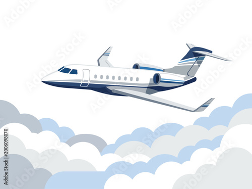 White private business jet flying in the sky.