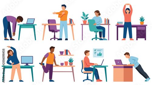 Tableau sur toile People doing office stretches and exercises at desks and workstations