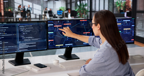 Fotografie Woman Uses Visual Software, Building Node-based Solutions