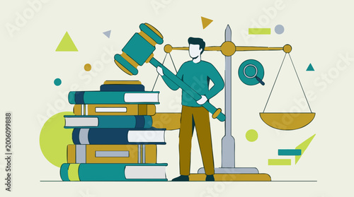 Photos Legal System Concept: Man with Gavel, Books, and Scales of Justice Illustration