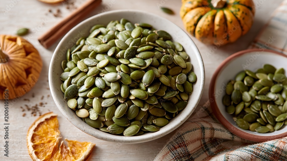Obraz premium Fresh pumpkin seeds in a rustic bowl.