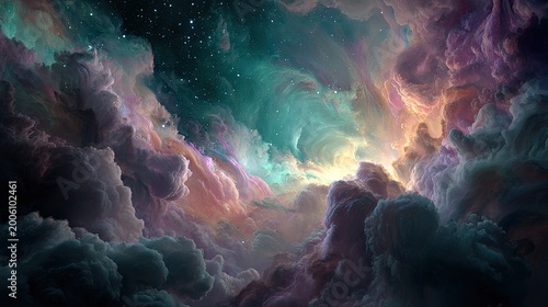 Cosmic nebula filled with swirling colors and distant stars