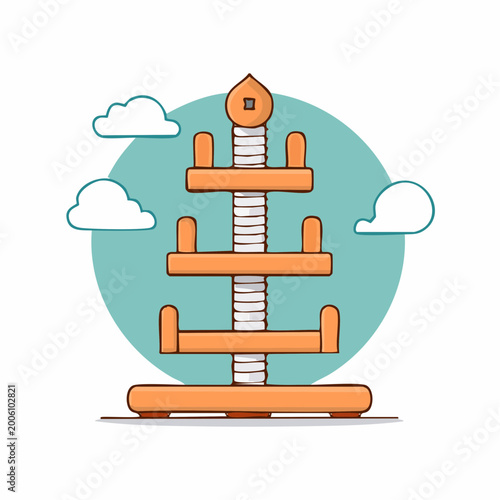 Cartoon Cat Tree with Platforms and Clouds