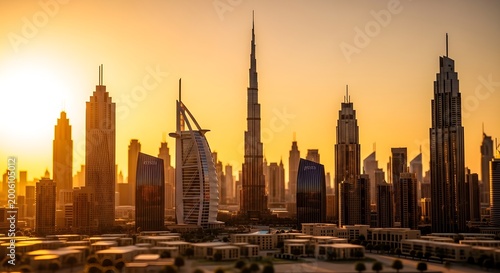 Dubai Skyline at Sunset with Burj Khalifa and Modern Architecture.