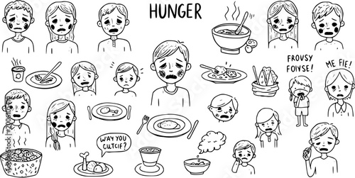 Foto Vector illustration of sad hungry children, empty plates, and the word 'HUNGER' symbolizing global food insecurity and poverty