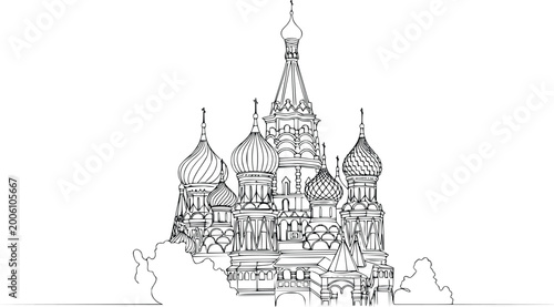 Photography Continuous Line Saint Basil Cathedral Moscow Minimalist Hand Drawn Vector Illust