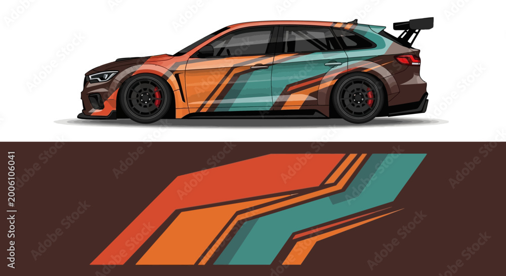 Fototapeta premium Vibrant stylized race car illustration with bold geometric shapes and color blocks.