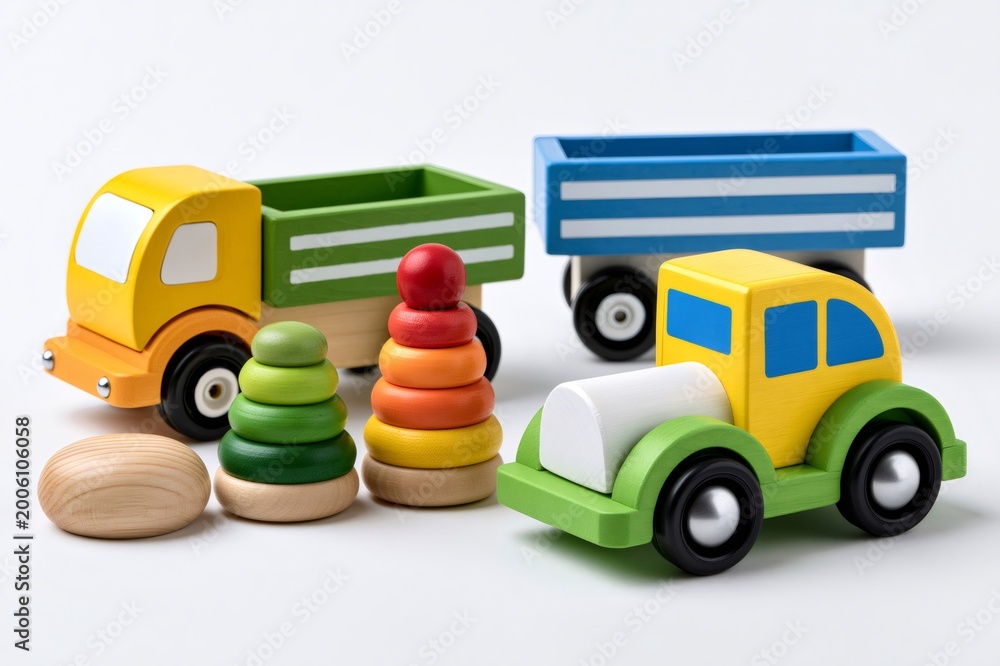 Naklejka premium Colorful wooden toy cars and stacking rings for childhood play