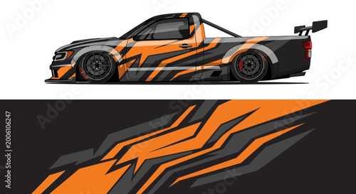 Photos Vibrant orange and black race car with dynamic graphics.