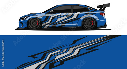 Slika na platnu Blue race car with bold graphic livery speeding on a track under dramatic styling