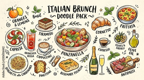 Italian brunch doodle pack with food and drinks for menu design.