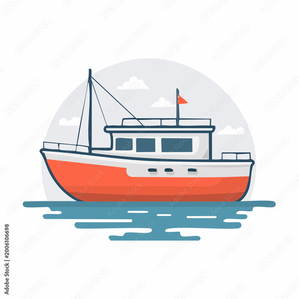 Fototapeta premium Illustration of a red and white fishing boat on water