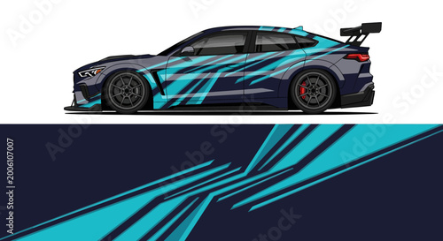 Quadro su tela Sleek blue race car with dynamic geometric graphics and spoiler on white background