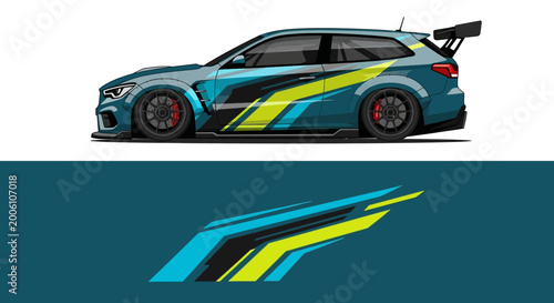 Foto Blue and teal race car with bold graphics and aero spoiler on a racing track