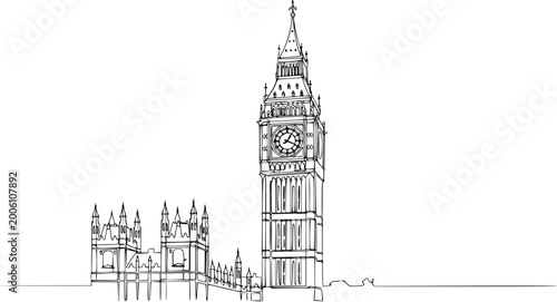 Canvas Print Continuous Line Big Ben London Landmark Minimalist Hand Drawn Vector Illustratio