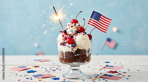 Festive 4th of july dessert a patriotic ice cream sundae with sparklers and american flags