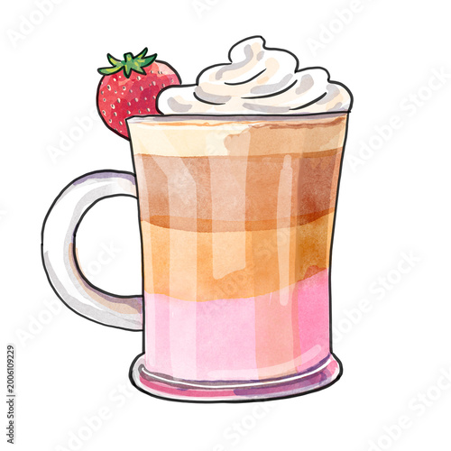 cup of coffee with whipped cream and strawberry hand drawn 