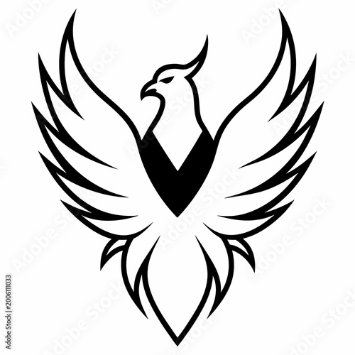 Black phoenix bird with outstretched wings in silhouette style