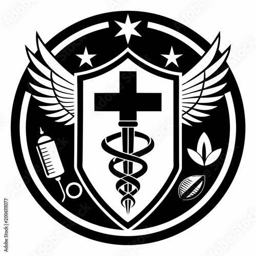 Black medical cross with wings and caduceus emblem