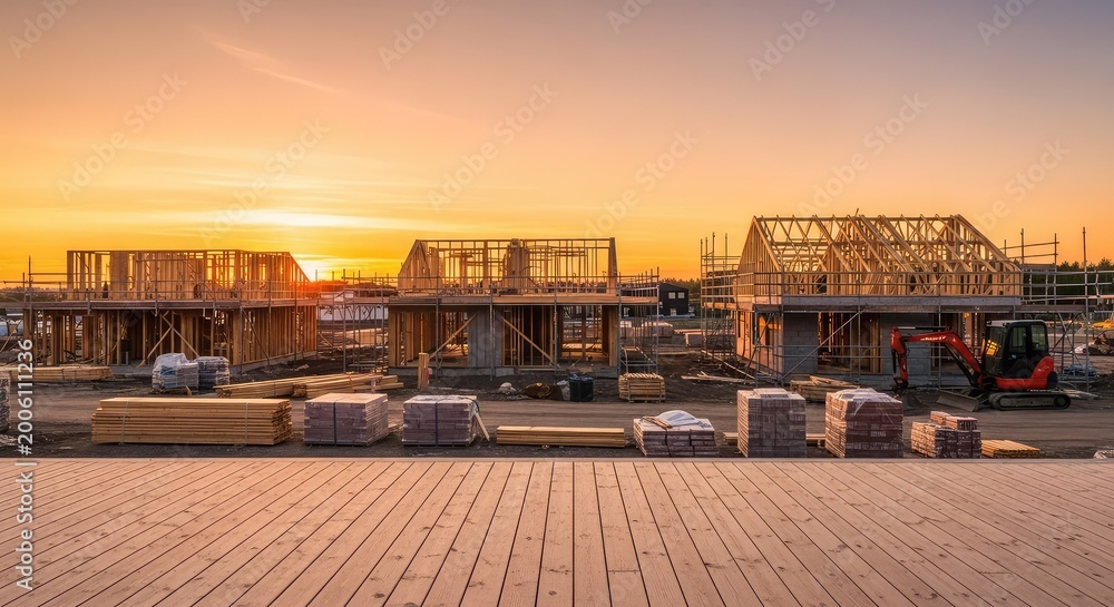Fototapeta premium An expansive wooden deck provides a panoramic view of a residential construction site illuminated by the warm, amber glow of golden hour, investment, planks, evening