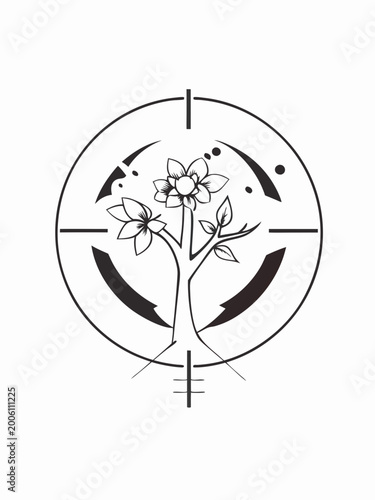 Minimalist tree growing inside circular target with crosshairs