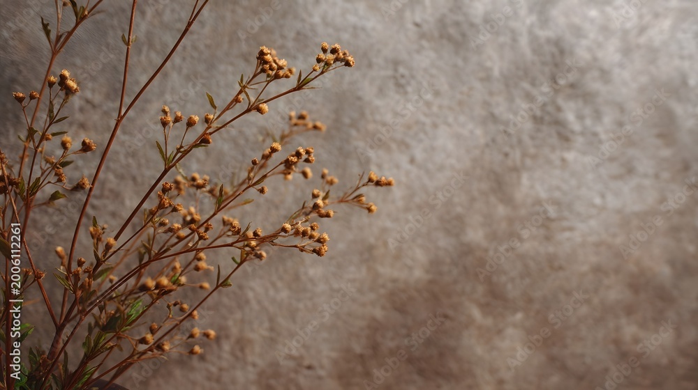 Fototapeta premium Delicate sprigs of dried botanicals arranged against a textured neutral backdrop in a serene minimalist composition