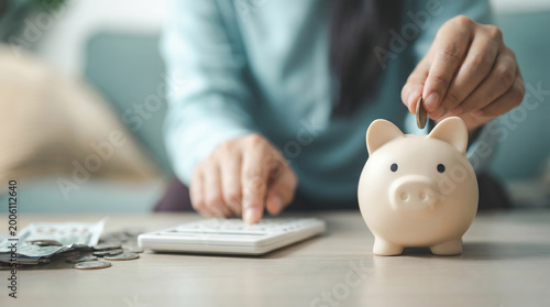 Personal Savings and Financial Budgeting Concept with Woman Putting Coin into Piggy Bank for Money Management Blog Header
