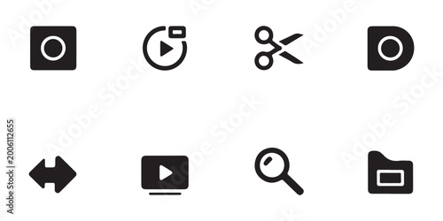 Bilde på lerret Universal media and system icons set featuring record play scissors eject double arrow video magnifying lens