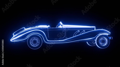 futuristic hologram classic car wireframe rotating in digital space 3D render