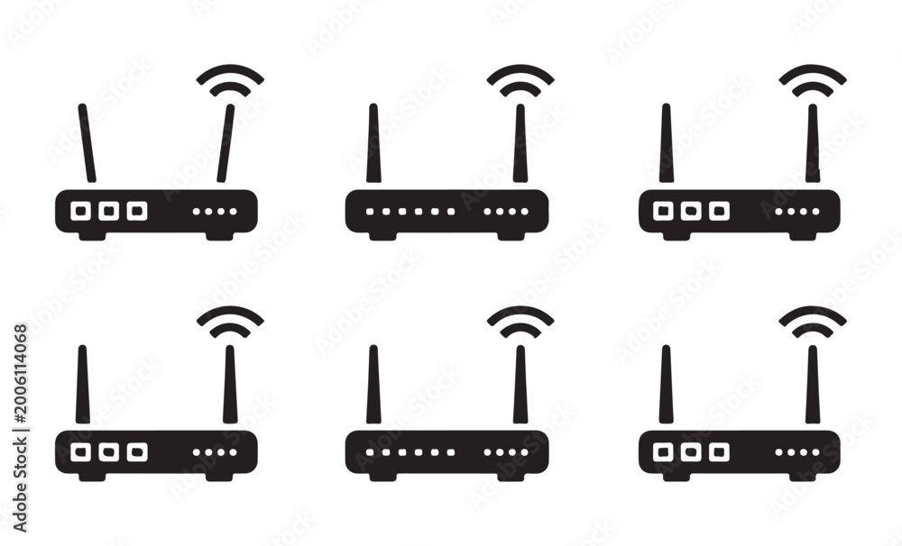 Obraz premium Set of black wireless internet router icons isolated on gray background representing modern network connectivity gear.
