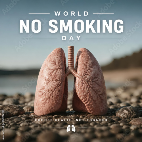 center framed detailed human lung in muted earthy tones with pale blue and beige soft focus background subtle shadow realistic texture clean white bold modern sans serif text overlay world no smoking